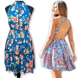 Jaase Maliah Halter Neck Boho Chic Floral Mini Blue Flowy Dress Size XL